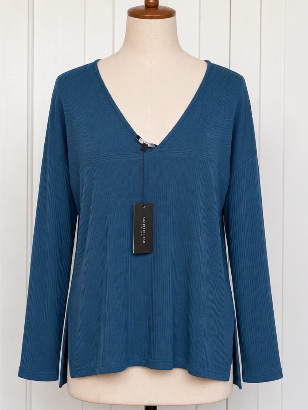 Lafayette 148 New York Deep Teal V-Neck Ribbed Long-Sleeve Top
